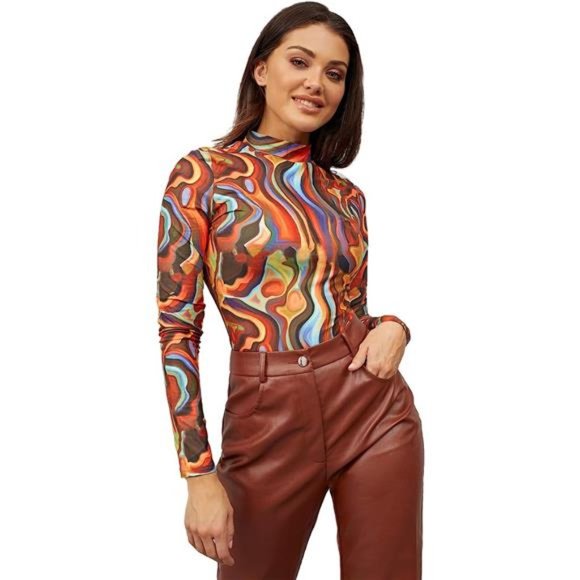 Women's Mock Neck Long Sleeve Fitted Graphic Print T-Shirt Tee Tops - Picture 3 of 5